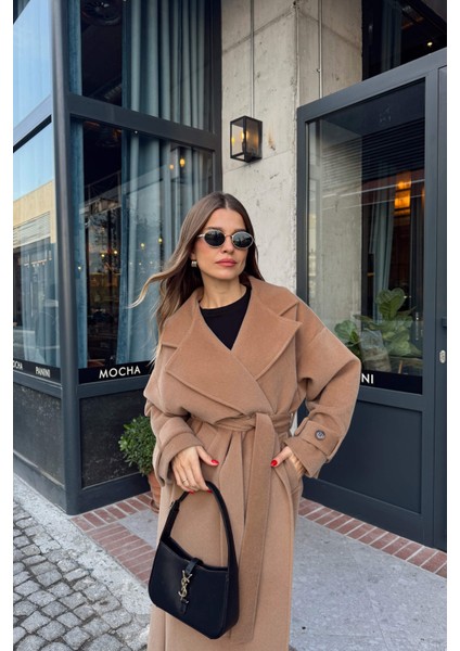 Camel Astarlı Kruvaze Oversize Yün Kaban fırsatları