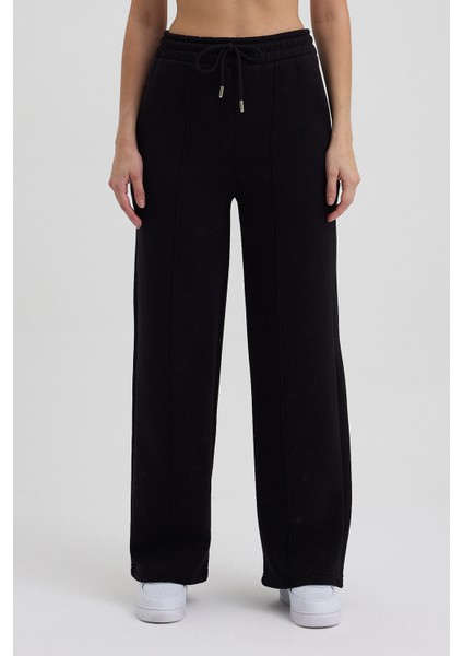 Kadın Yüksek Bel Nervürlü Kışlık Polarlı Paça Dikişli Bol Paça Eşofman Altı Siyah