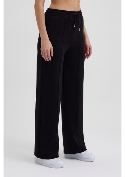 Kadın Yüksek Bel Nervürlü Kışlık Polarlı Paça Dikişli Bol Paça Eşofman Altı Siyah fiyatları