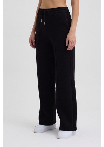 Kadın Yüksek Bel Nervürlü Kışlık Polarlı Paça Dikişli Bol Paça Eşofman Altı Siyah modelleri