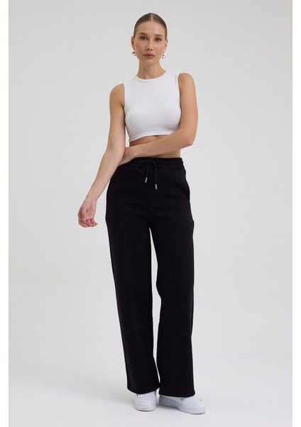 Kadın Yüksek Bel Nervürlü Kışlık Polarlı Paça Dikişli Bol Paça Eşofman Altı Siyah indirimleri