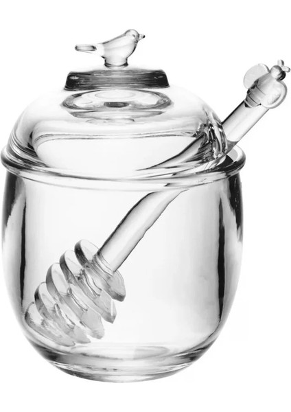 Kuş Kapaklı Kristal Bal Saklama Kabı-Cam Bal Kavanozu