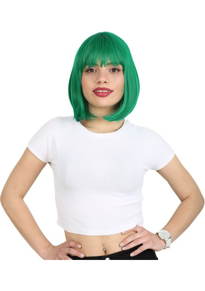 Küt Kahküllü Fiber Sentetik Peruk / Koyu Yeşil