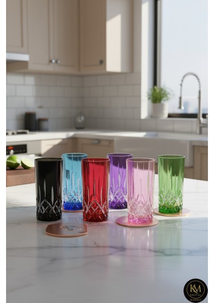 El Yapımı Kristal Cristalleria Italiana Renk Su Bardağı Takımı 6'lı