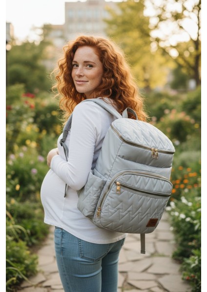 Nakışlı Bondit Hafif Kumaş Anne Bebek Bakım Çantası Termoslu Biberon Cepleri