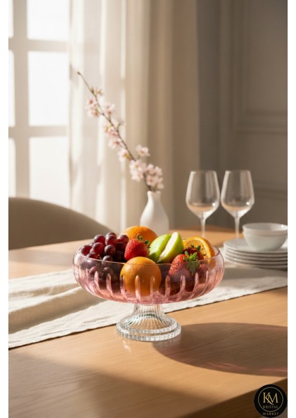 El Yapımı Kesme Kristal Vertical Desen 28 cm Dekoratif Sunumluk Ayaklı Sofra Sunum Kasesi