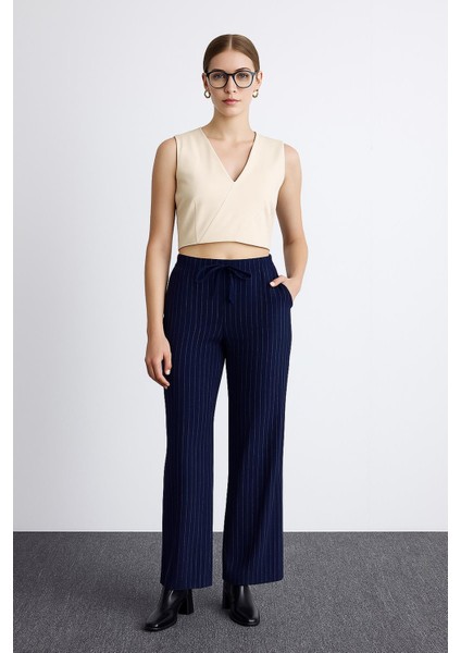 Esnek Yüksek Bel Geniş Paça Çizgili Pantolon Lacivert