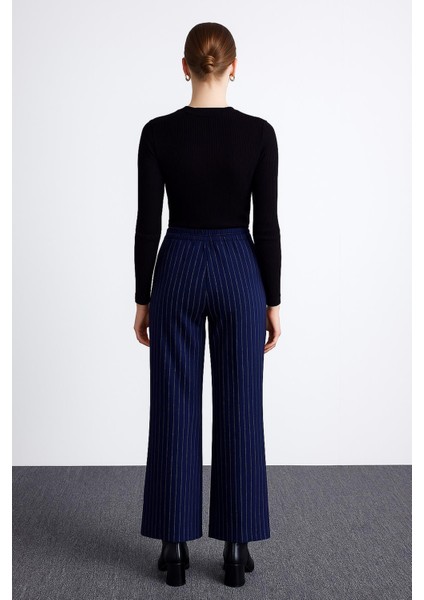 Esnek Yüksek Bel Geniş Paça Çizgili Pantolon Lacivert fırsatları