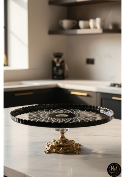 El Yapımı Kristal Siyah Gold Detaylı Vertical Desenli Ayaklı Dekoratif Sunumluk Ayaklı Kase