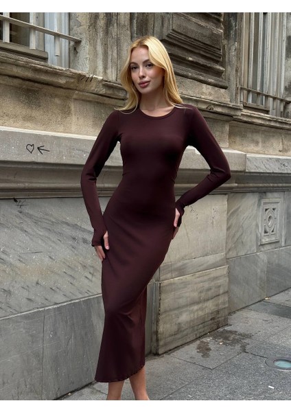 Abiye Uzun Kollu Fit Kalıp Elbise Yuvarlak Yaka Likralı Kumaş Midi Boy