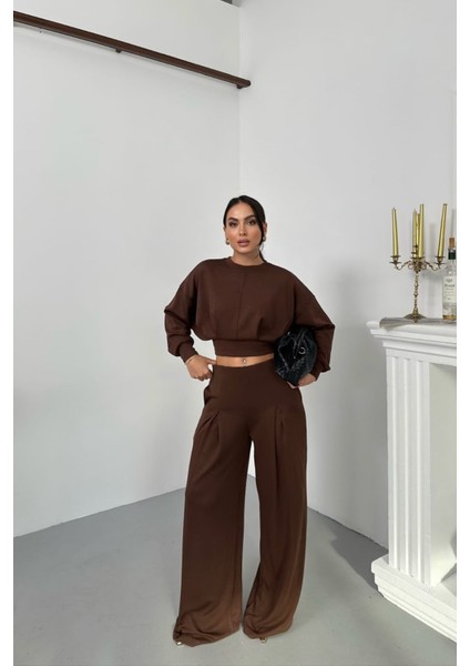 Kadın Dikiş Detaylı Crop Sweat Bol Paça Eşofman Altı Modal Kumaş Ikili Takım NBNP017 fiyatları