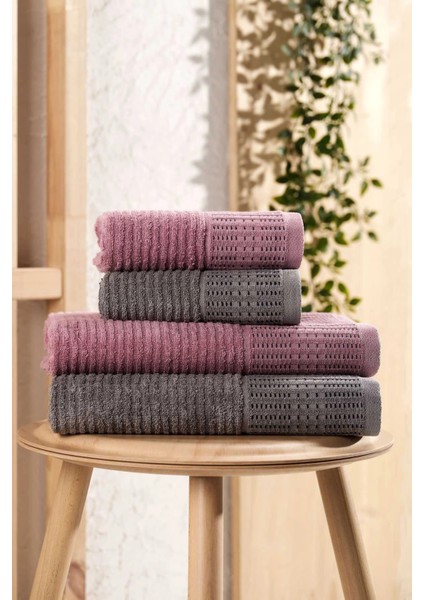 4 Parça Büyük Boy Banyo Havlu Takımı &AMP;#37;100 Pamuklu Marena Antrasit Mürdüm