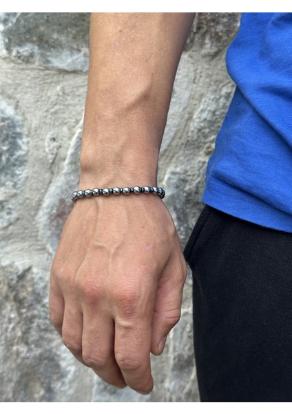 Erkek Gümüş-Mavi Renkli Hematit Doğal Taş 20+2 cm Ayarlanabilir Çelik Bileklik