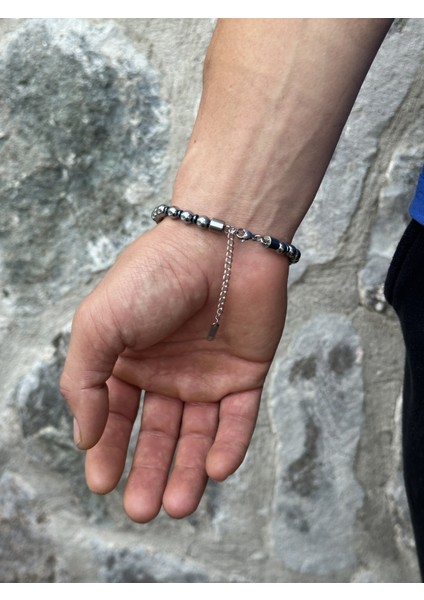 Erkek Gümüş-Mavi Renkli Hematit Doğal Taş 20+2 cm Ayarlanabilir Çelik Bileklik fiyatları