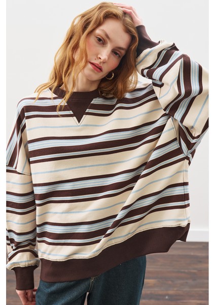Oversıze Çizgili Sweatshırt Kahverengi