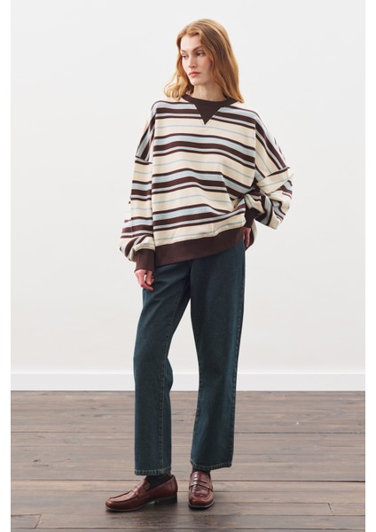 Oversıze Çizgili Sweatshırt Kahverengi modelleri