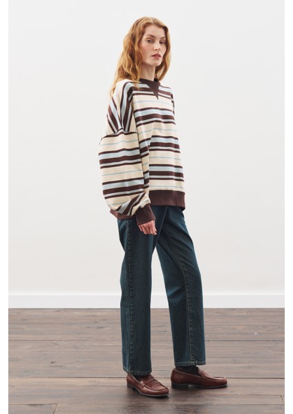 Oversıze Çizgili Sweatshırt Kahverengi fırsatları