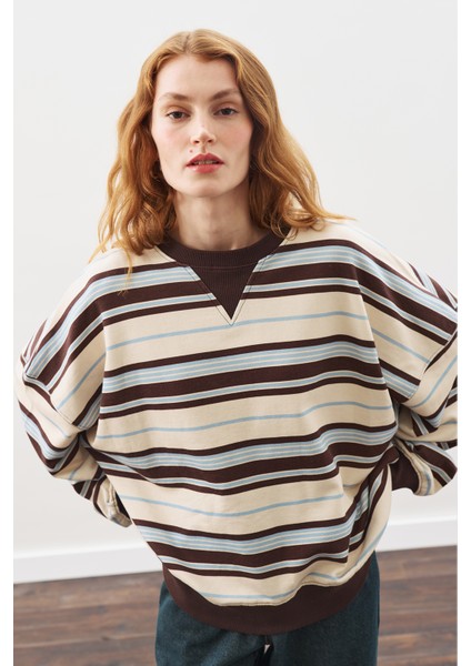 Oversıze Çizgili Sweatshırt Kahverengi indirimleri