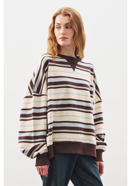 Oversıze Çizgili Sweatshırt Kahverengi