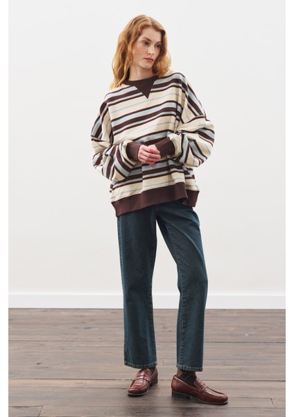 Oversıze Çizgili Sweatshırt Kahverengi