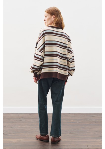 Oversıze Çizgili Sweatshırt Kahverengi