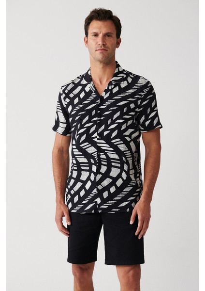 Erkek Siyah Viskon Küba Yaka Soyut Desenli Kısa Kollu Gömlek A31Y2188