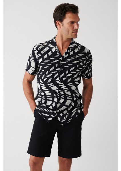 Erkek Siyah Viskon Küba Yaka Soyut Desenli Kısa Kollu Gömlek A31Y2188