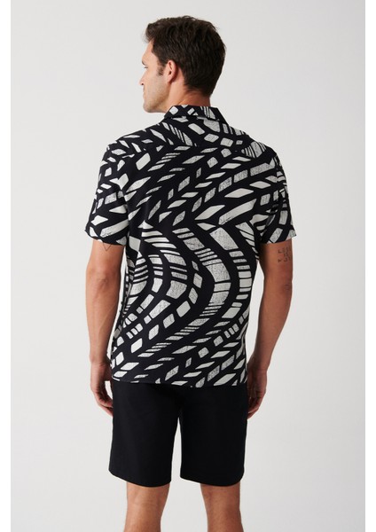 Erkek Siyah Viskon Küba Yaka Soyut Desenli Kısa Kollu Gömlek A31Y2188