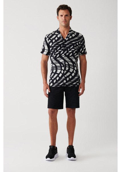 Erkek Siyah Viskon Küba Yaka Soyut Desenli Kısa Kollu Gömlek A31Y2188