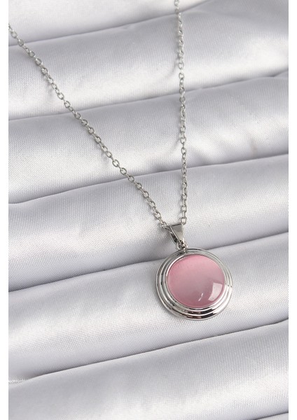 316L Çelik Gümüş Renk Daire Pembe Sedefli Model Kadın Kolye - TJ-BKO9425