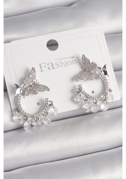 Pirinç Gümüş Renk Zirkon Taşlı Sallantı Detay Kelebek Model Kadın Küpe - TJ-BKP9902