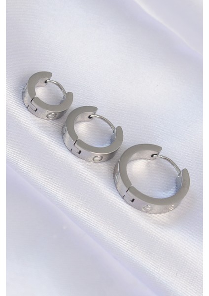 316L Çelik Gümüş Renk Model 3lü Halka Küpe - TJ-BKP9010