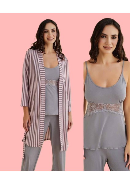 Kadın Üç Parça Penye Sabahlık & Pijama Takımı Set D1.01.LL.02.008