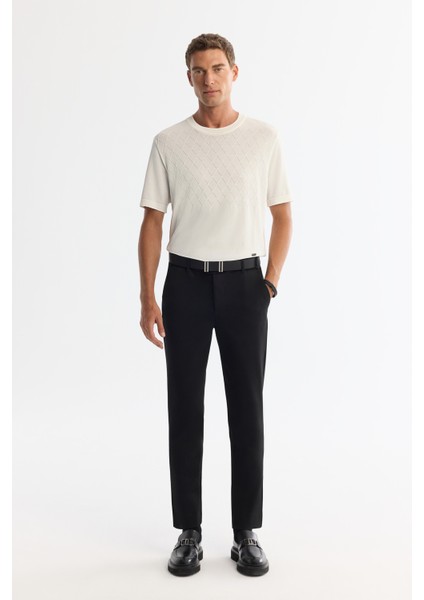 Erkek Ekru Bisiklet Yaka Jakarlı Rayon Triko Regular Fit T-Shirt A42Y5008