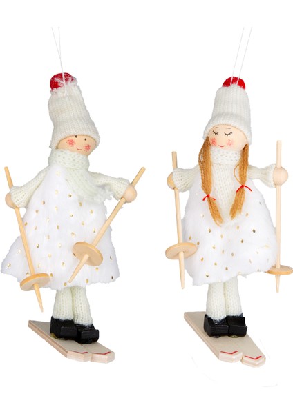 Yılbaşı Süsü, Kayak Yapan Peri Figürleri, Beyaz - Kutuda, Erkek ve Ka
