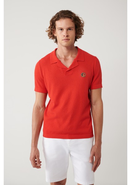 Erkek Mercan Apaj Yaka Dokulu Triko Regular Fit T-Shirt A41Y5066