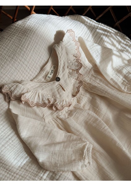 Organik Etnik Nakışlı Müslin Elbise 1-8 Yaş Naturel