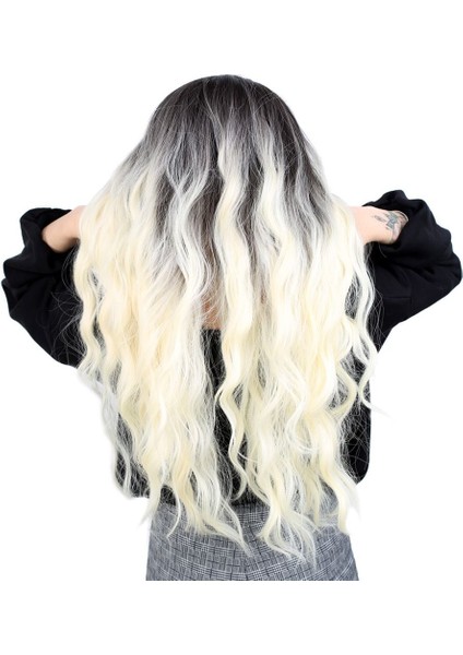 Fiber Sentetik Uzun Su Dalgası Peruk / Açık Siyah / Platin Ombreli indirimleri