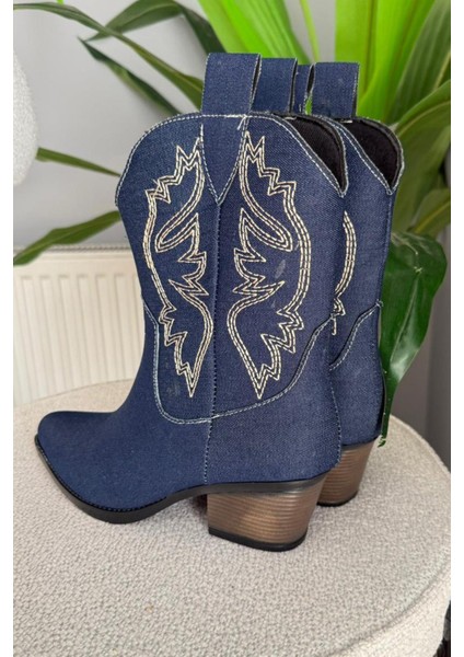 Kadın Doly Kot Kumaşı Nakışlı 5 cm Topuklu Kovboy Bot fiyatları