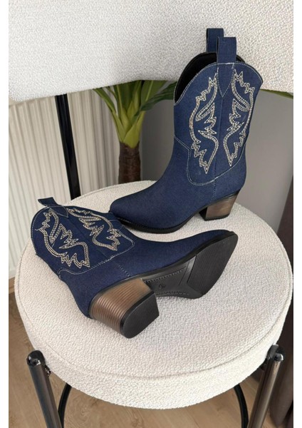 Kadın Doly Kot Kumaşı Nakışlı 5 cm Topuklu Kovboy Bot fırsatları