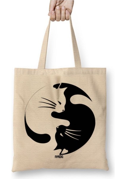 Cats Kedi Ying Yang Japon Beyaz Bez Çanta Uzun Saplı Alışveriş Çantası Plaj Çantası