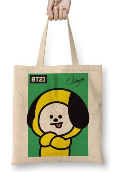 BT21 Chimmy Bts Beyaz Bez Çanta Uzun Saplı Alışveriş Çantası Plaj Çantası