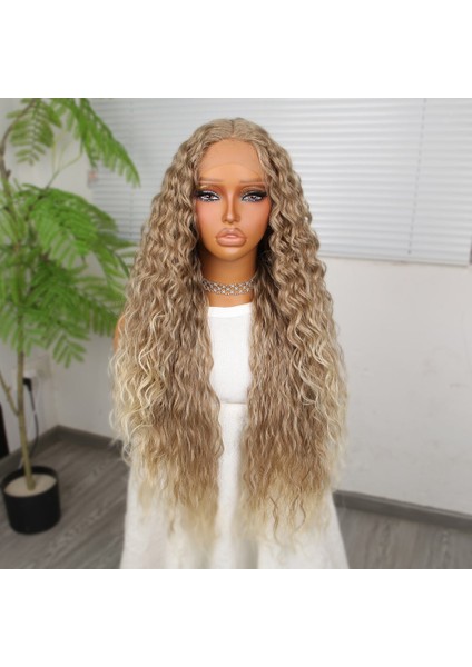 Yoğun Dalga Kumral Platin Röfleli Fiber Sentetik Geniş T Tül Peruk