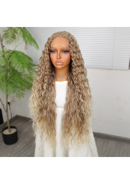 Yoğun Dalga Kumral Platin Röfleli Fiber Sentetik Geniş T Tül Peruk modelleri