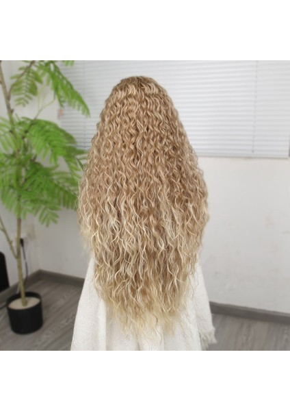 Yoğun Dalga Kumral Platin Röfleli Fiber Sentetik Geniş T Tül Peruk fırsatları