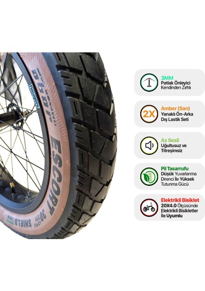 20X4.0 E-Bike Zırhlı Dış Lastik Seti (Ön + Arka) – Amber Yanaklı, Düşük Yuvarlanma Dirençli, Rks Skyjet / Ola / Ape Ryder Uyumlu modelleri