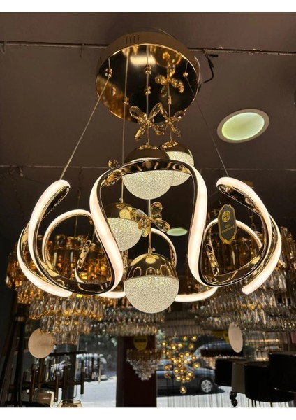 3 Renk ( Sarı Beyaz ve Gün Işığı ) Gold Luxury Ledli Oturma Odası Avize modelleri