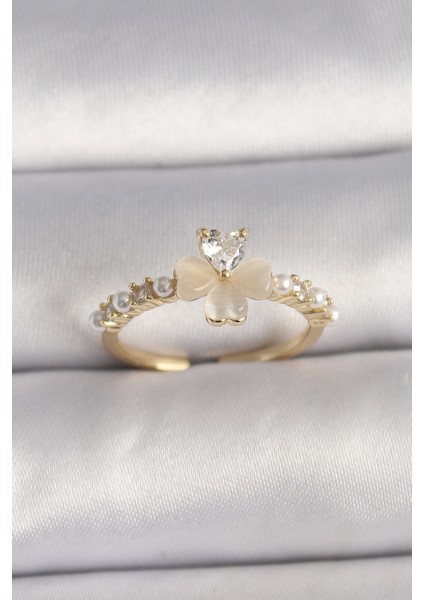 bulurum pirinç gümüş renk zirkon taşlı beyaz mineli yonca model ınci detay ayarlanabilir yüzük