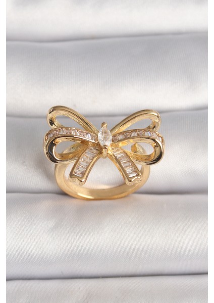 bulurum pirinç gold renk ayarlanabilir zirkon taşlı kurdele model kadın yüzük