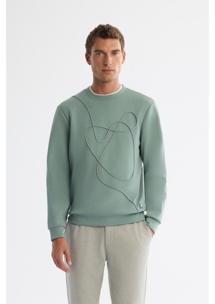 Erkek Mint Yeşil Bisiklet Yaka Pamuklu Nakışlı Regular Fit Sweatshirt A42Y1247